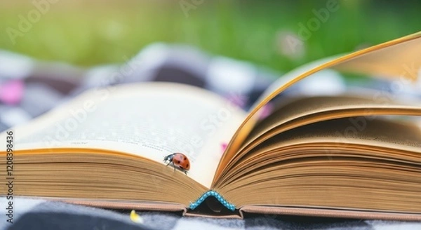 Fototapeta Open book on plaid blanket with ladybug pages