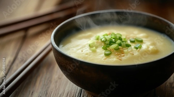 Fototapeta A close-up of a steaming bowl of silky smooth steamed egg garnished with spring onions and soy sauce, served on a wooden table with chopsticks.