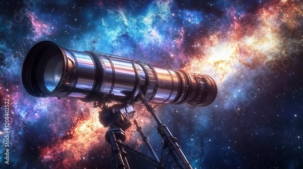 Fototapeta A giant space telescope floating in deep space, capturing vivid galaxies and nebulae in the distance, ultra-detailed