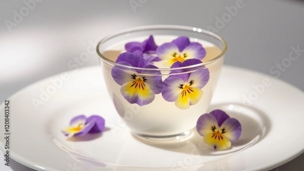 Fototapeta Delicate Jell-O with edible flowers encapsulated inside, creating an elegant and serene dessert ideal for weddings or tea parties.