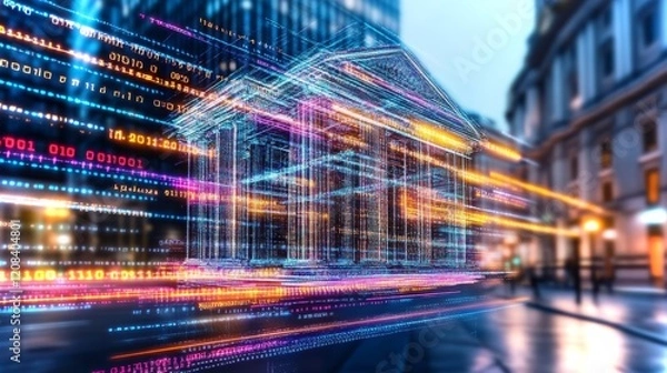 Fototapeta Digital twin of a central bank illustrating management strategies for CBDCs in urban environment