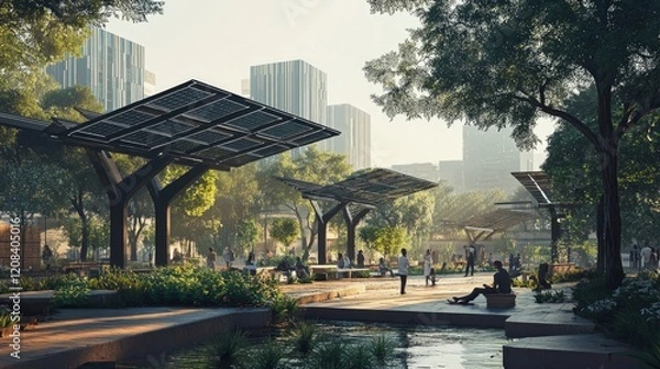 Obraz A public plaza with people relaxing under modern solar-panel canopies, surrounded by greenery and water features, urban eco-design