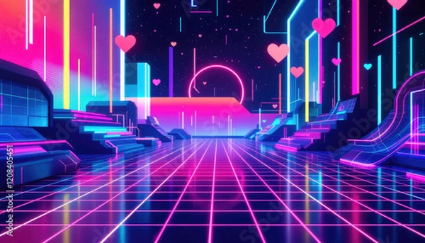Fototapeta A futuristic cityscape with neon lights, heart-shaped lights, and a glowing pink circle in the center, creating a vibrant and romantic atmosphere. Be my valentine. "valentines day background"