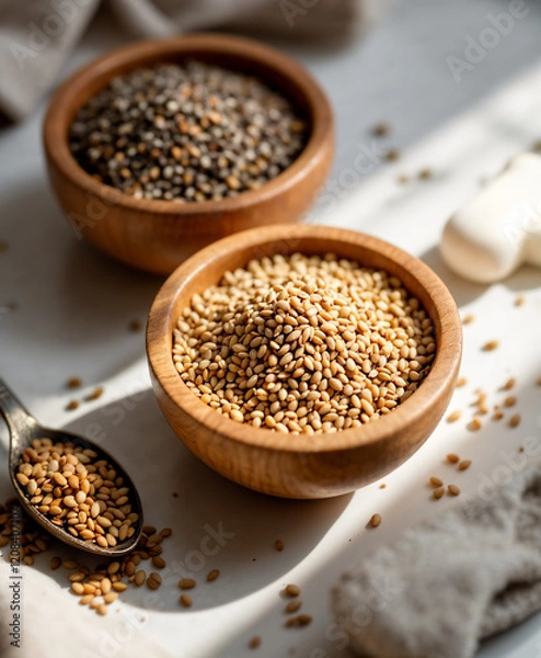 Fototapeta Chia, Flax, and Hemp Seeds in Wooden Bowls: Heart-Healthy Nutrition and Digestive Wellness on White Surface