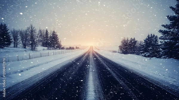 Fototapeta Empty Snowy Road to Infinity Vanishing Point into Snowy Horizon Minimalist Winter Scene