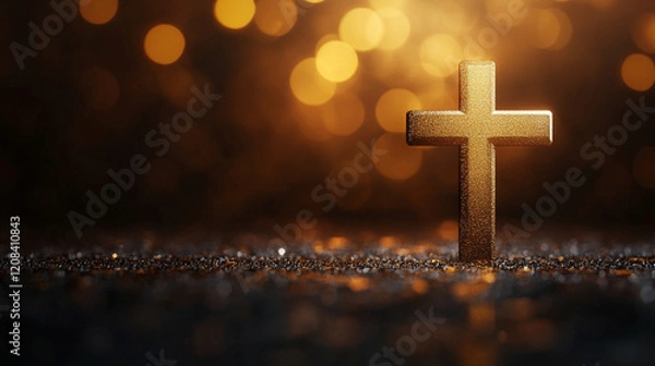 Fototapeta A sleek, modern Christian cross set against a minimalist, bright backdrop with a blurred effect, creating an empty, symbolic space on the side representing chaos and faith

