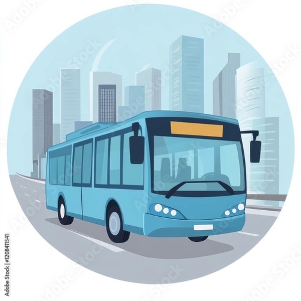 Fototapeta Simplistic 2D blue city bus driving in a city, cartoon, clip art 