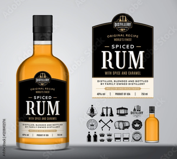 Fototapeta Vector spiced rum label template. Rum glass bottle mockup. Distilling industry branding and identity design elements