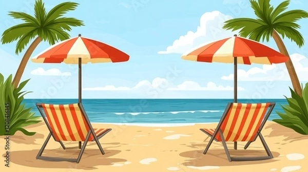 Fototapeta Tropical beach with two red-striped umbrellas and chairs under palm trees