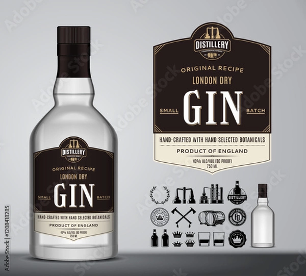 Fototapeta Vector london dry gin label template and glass bottle mockup. Gin and distilling business branding and identity design elements