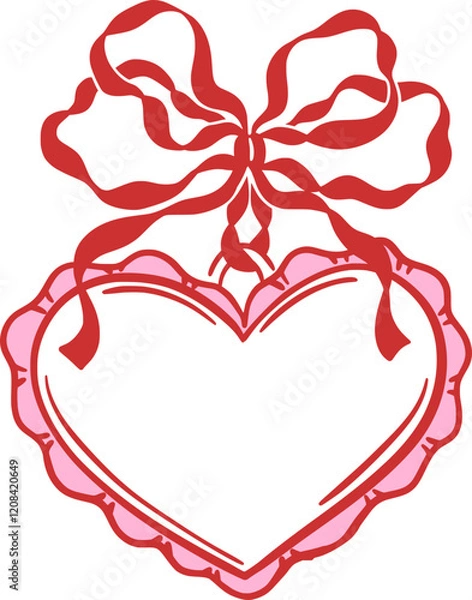 Fototapeta Heart shaped frame with pink trim and red ribbon bow. Hand drawn outline vector illustration. Love, romance, and Valentine's Day concept