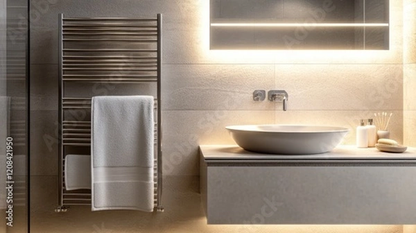 Fototapeta Elegant bathroom design features modern sink, sleek towel rack,