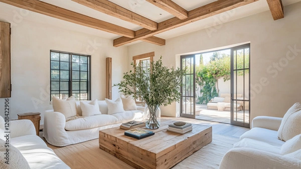 Fototapeta ナチュラルウッドと白を基調としたリビングルーム