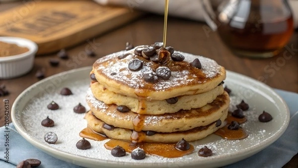 Fototapeta This is a close-up, eye-level shot of a stack of warm, golden-brown pancakes generously studded with chocolate chip