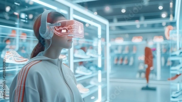 Fototapeta Futuristic shopping experience – woman interacting with virtual reality in high-tech sportswear store surrounded by neon-lit sneakers and digital displays