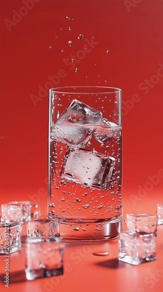 Fototapeta Chilled carbonated drink with ice cubes, on a vibrant red backdrop, capturing the essence of refreshment and energy.