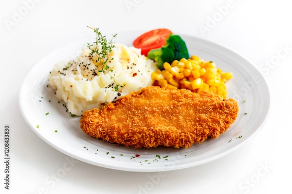 Obraz deep-fried chicken steak with mashed potatoes and corn