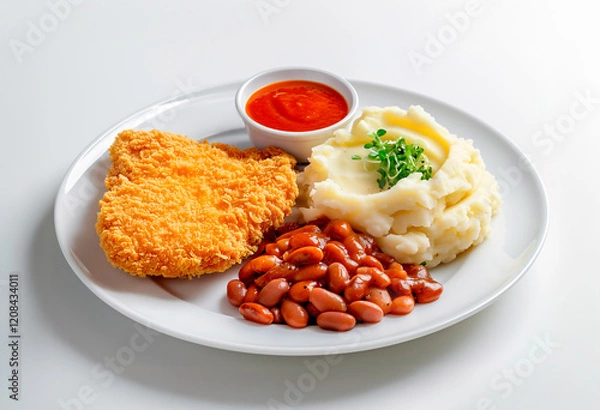 Obraz deep-fried chicken steak with mashed potatoes and beans