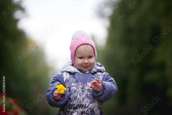 Fototapeta Portrait of child - little girl with fallen leaf walking in autumn park: baby standing in the alley, keep leaves in hands