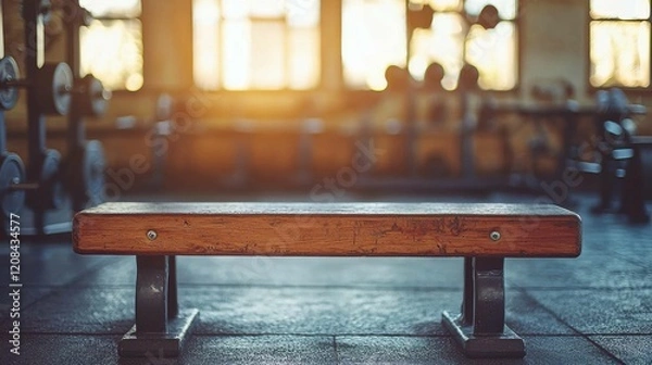 Fototapeta A wooden gym bench is illuminated by natural sunlight coming through the windows, set in a spacious workout area with weights in the background.