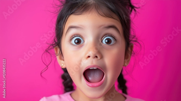 Fototapeta a realistic photogenic image of a latin american cute girl, between 5 to 8 years old. She is mimicking a surprise face in a relax playful fun way. Child is in the middle. Use an pink backgrou