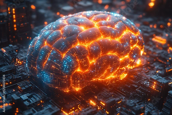 Fototapeta neon illustration of brain, abstract digital lines and data inspired elements, cyberpunk theme, bright orange and blue glow, high detail, artistic and futuristic aesthetic


