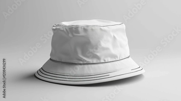 Fototapeta A realistic white bucket hat displayed in a minimalistic presentation style, featuring contrasting black stitching. Great for showcasing fashion designs.