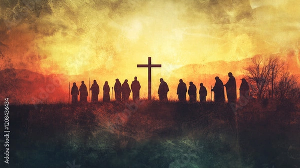 Fototapeta a silohuette of the twelve disciples under the cross during sunrise, vintage grungy style a neutral color palette



