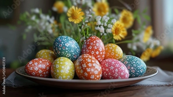 Fototapeta Colorful painted eggs with floral patterns for easter celebration and decoration
