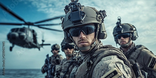 Fototapeta  A group of Navy SEALs in full tactical gear standing near a helicopter, exuding strength and precision in a military operation setting.