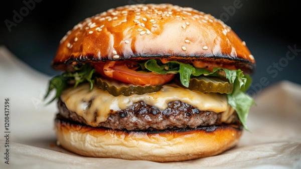 Fototapeta A vibrant and appetizing close-up of a classic cheeseburger with all the fixings. The burger features a juicy beef patty topped with melted cheese, crisp lettuce, fresh tomato slices, pickles, and a d
