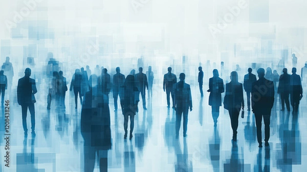 Fototapeta Abstract digital business team concept with people silhouettes in blue and gray colors on a white background A group of businesspeople standing together, working as a collaborative team Generative AI