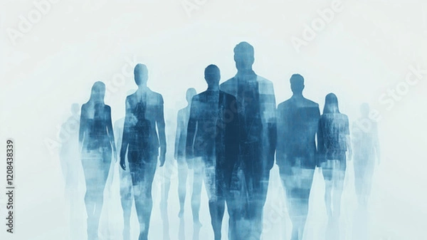 Fototapeta Abstract digital business team concept with people silhouettes in blue and gray colors on a white background A group of businesspeople standing together, working as a collaborative team Generative AI