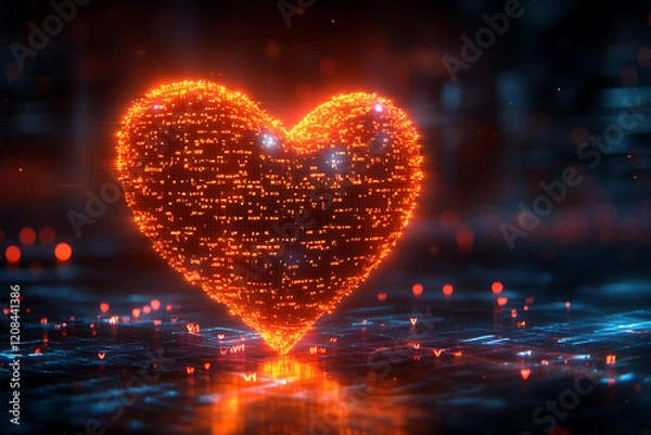 Fototapeta  Valentine's Day neon illustration of hearts with abstract digital lines and data-inspired elements, cyberpunk theme, bright orange and blue glow, high detail, artistic and futuristic aesthetic.