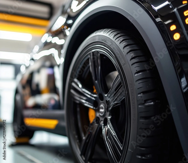Fototapeta A Black sedan car standing, generic modern car Transportation Luxury car fleet consisting of generic design in blurry showroom display background