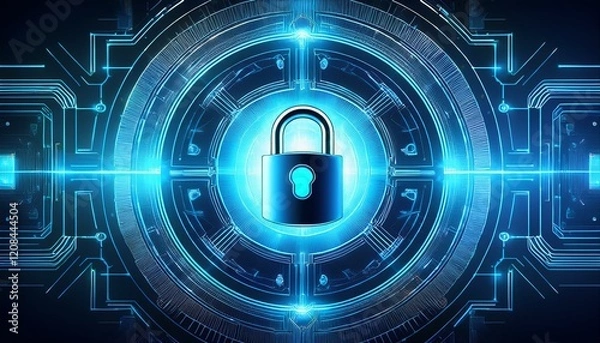 Obraz a glowing blue digital padlock sits at the center of a futuristic circular technological interface the design suggests advanced security and data protection
