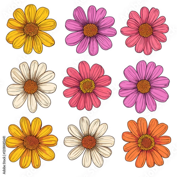 Fototapeta Retro Daisy Flowers Set in Vintage Style