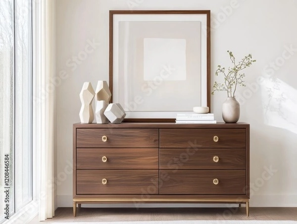 Fototapeta Contemporary dresser in dark walnut finish with brass accents, decorated with geometric sculptures and a framed monochrome abstract painting, placed