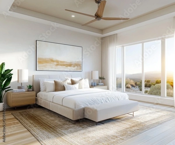 Obraz Contemporary master bedroom with soft neutral tones, a large rug, and a golden sunset view through the windows