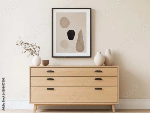 Obraz Minimalist dresser made of light oak wood with clean lines and matte black handles, featuring abstract ceramic decor and a framed neutral toned artwork
