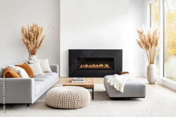 Obraz Modern living room with a sleek black fireplace, a gray upholstered sofa, soft cushions in warm tones, a knitted pouf, and natural elements like pampas