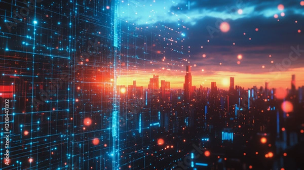 Fototapeta Smart digital Innovation city with connection network reciprocity over the cityscape. of future smart wireless digital city and social media networking systems that connects people with in city