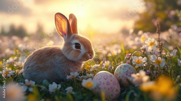Fototapeta Easter bunny and decorated eggs in spring meadow at sunset