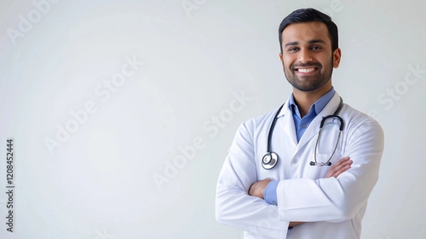 Fototapeta A smiling man in a white coat with a stethoscope around his neck