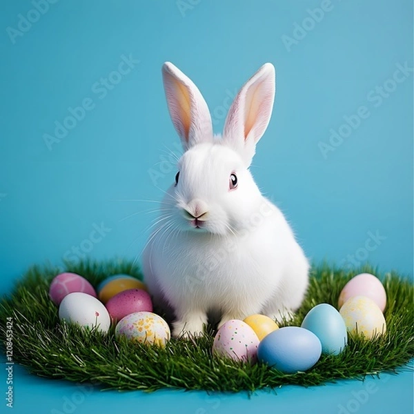 Fototapeta White Easter bunny is sitting on green grass with colorful Easter eggs