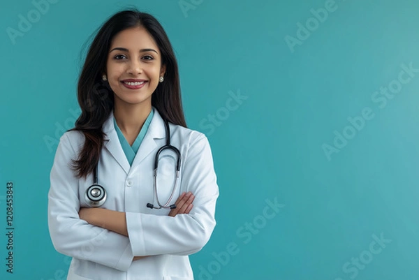 Fototapeta A woman in a white lab coat is smiling and posing for a picture