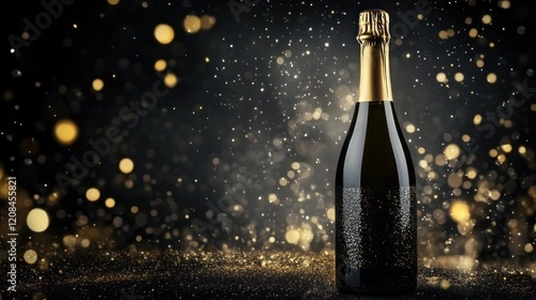Obraz Celebratory Sparkling Wine Bottle with Golden Highlights and Bokeh on Black Backdrop