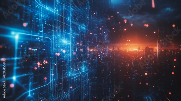 Obraz Smart digital Innovation city with connection network reciprocity over the cityscape. of future smart wireless digital city and social media networking systems that connects people with in city