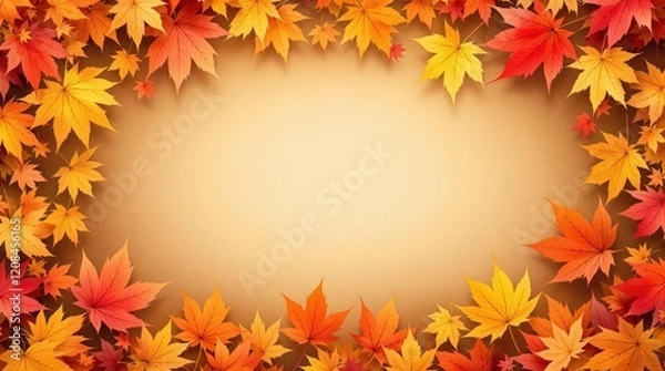 Fototapeta Frame with autumn leaves, beige background 