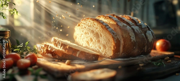 Obraz sliced bread on a wooden table in the kitchen